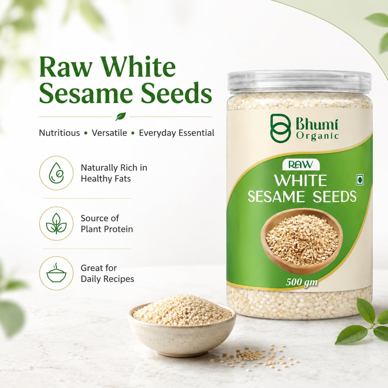 Bhumi Organic Raw White Sesame Seeds 500gm | 100% Clean and Natural White Til, Safed Til Seeds for Eating, Non-GMO, Antioxidant Rich