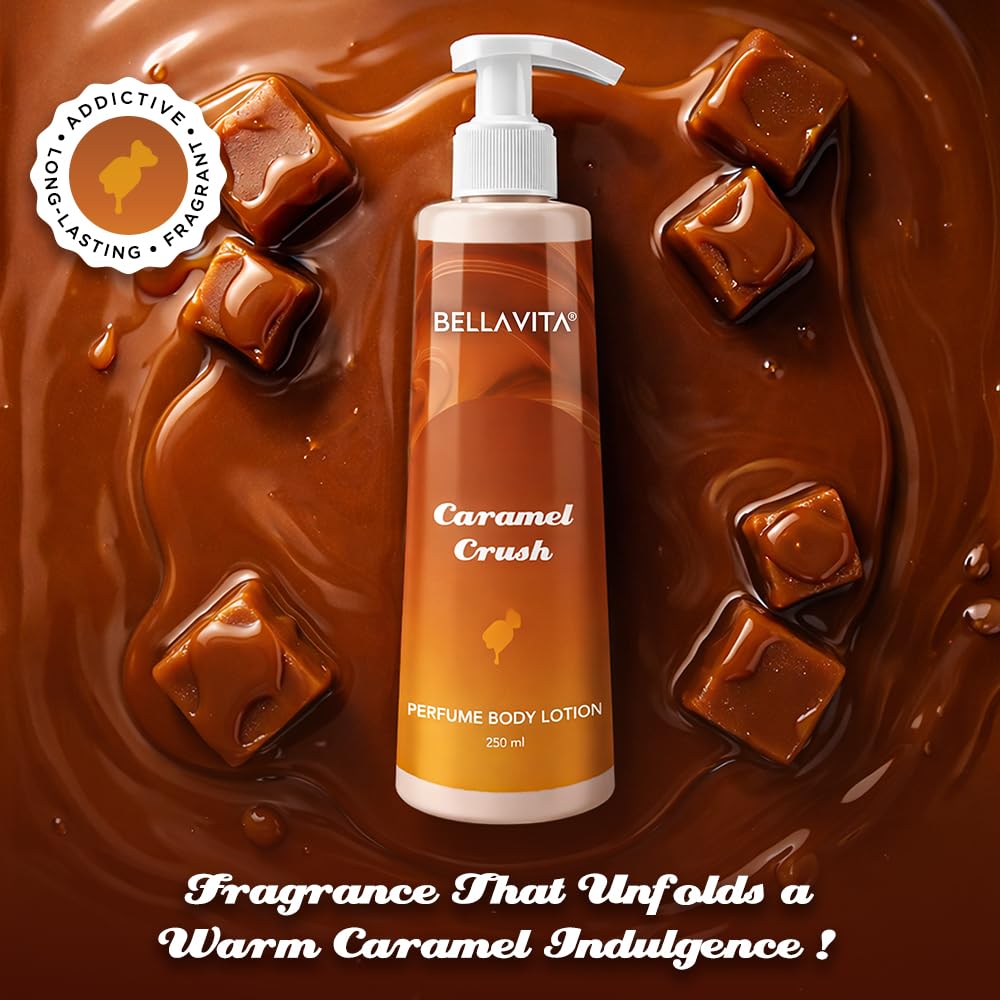 BellaVita Caramel Crush perfume body lotion surrounded by caramel pieces on a chocolate background.