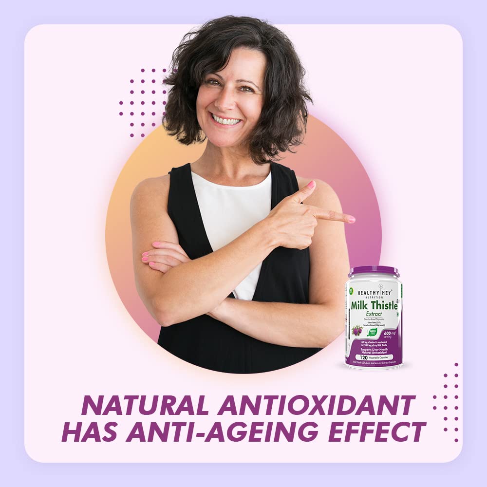 Woman pointing to a bottle of Healthy Net Milk Thistle Extract with text about natural antioxidants on a light purple background.