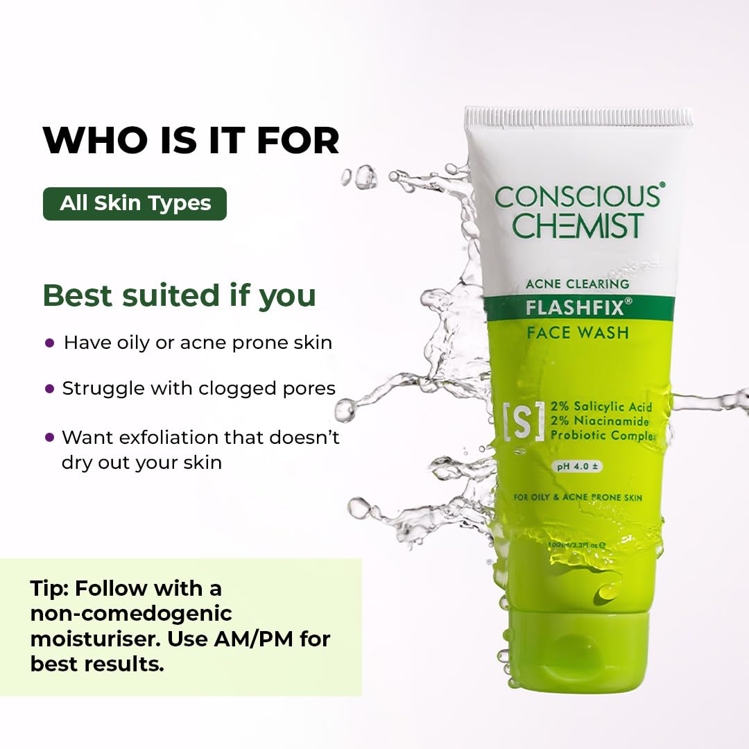 Conscious Chemist Acne Clearing Flashfix Face Wash with product details on a white background