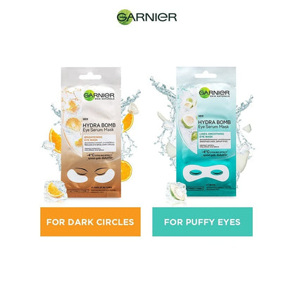 Garnier eye serum masks for dark circles and puffy eyes on a white background