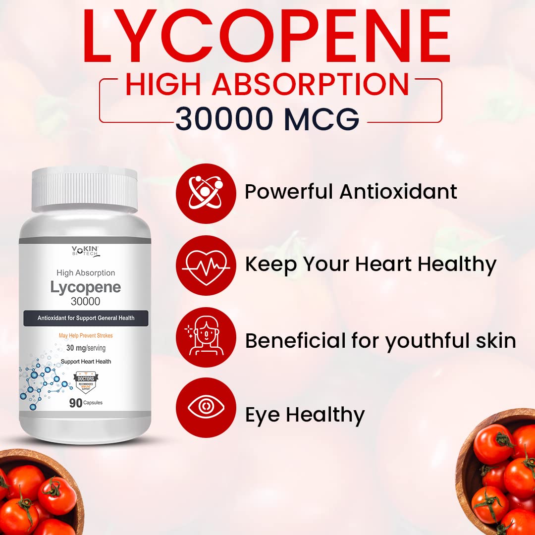 Lycopene supplement bottle with text highlighting benefits on a light pink background