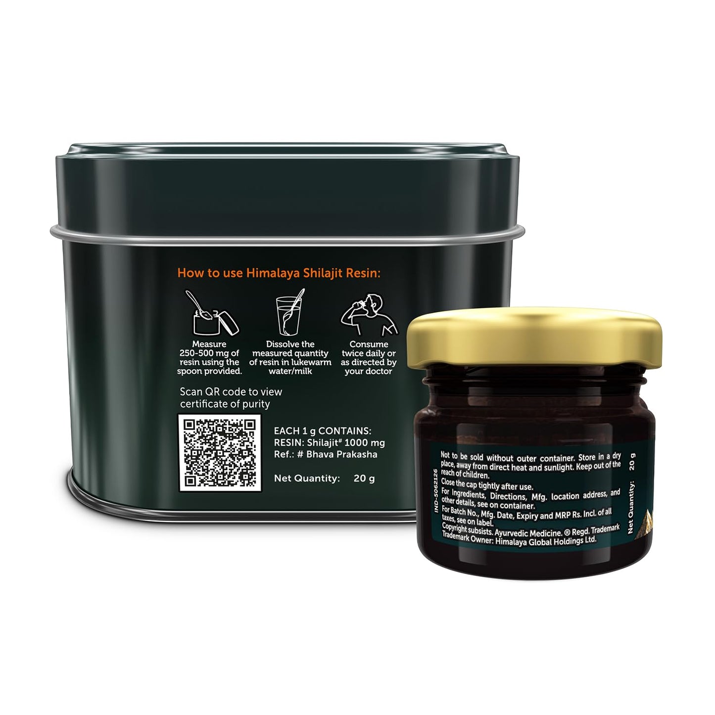 Himalaya Shilajit Resin packaging with black tin and jar on a white background