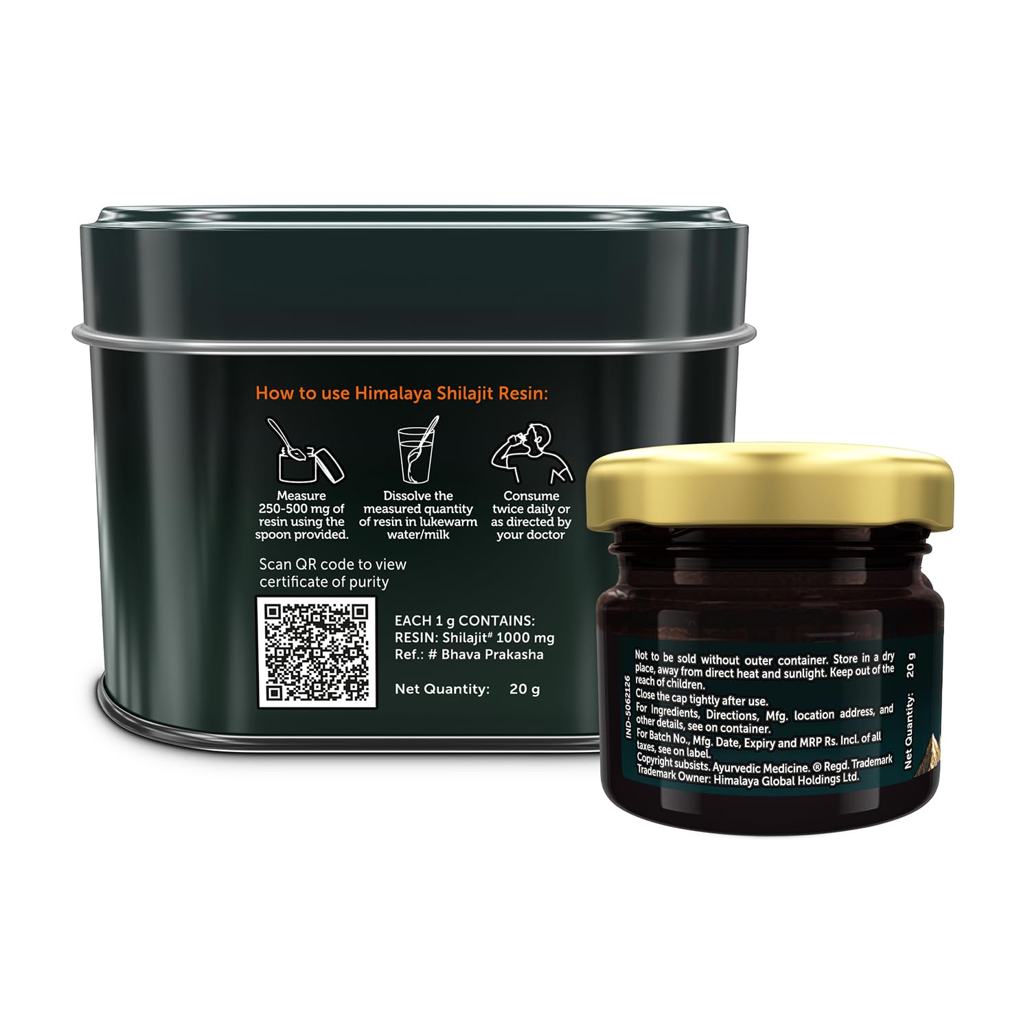 Himalaya Shilajit Resin packaging with black tin and jar on a white background