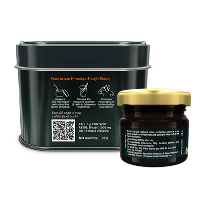 Himalaya Shilajit Resin packaging with black tin and jar on a white background