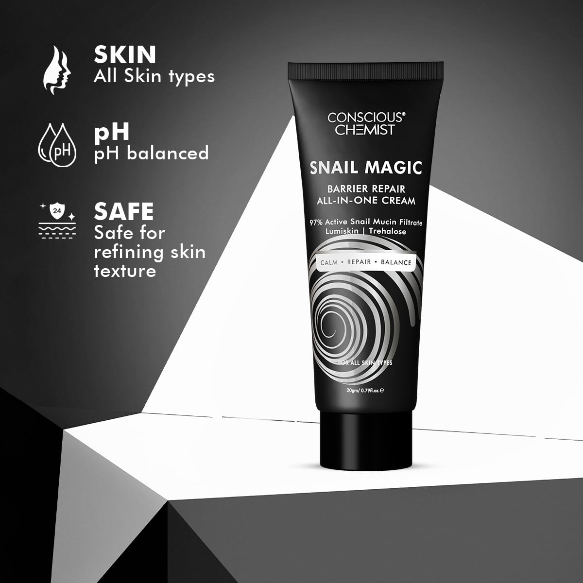Tube of Conscious Chemist Snail Magic Barrier Repair All-In-One Cream on a gray background with product features listed.