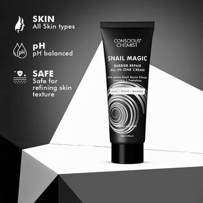 Tube of Conscious Chemist Snail Magic Barrier Repair All-In-One Cream on a gray background with product features listed.