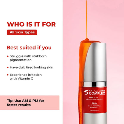 Skincare serum bottle with text on a pink background