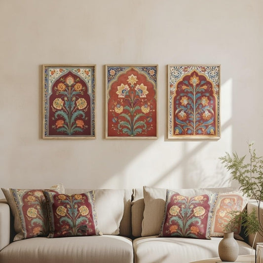 Set of 3 Traditional Red Floral Wall Art Premium MDF Wooden Color Framed HD UV Printed Mughal Style Decorative Painting for Living Room Bedroom Home Decor 13.5 Inch x 19.5 Inch