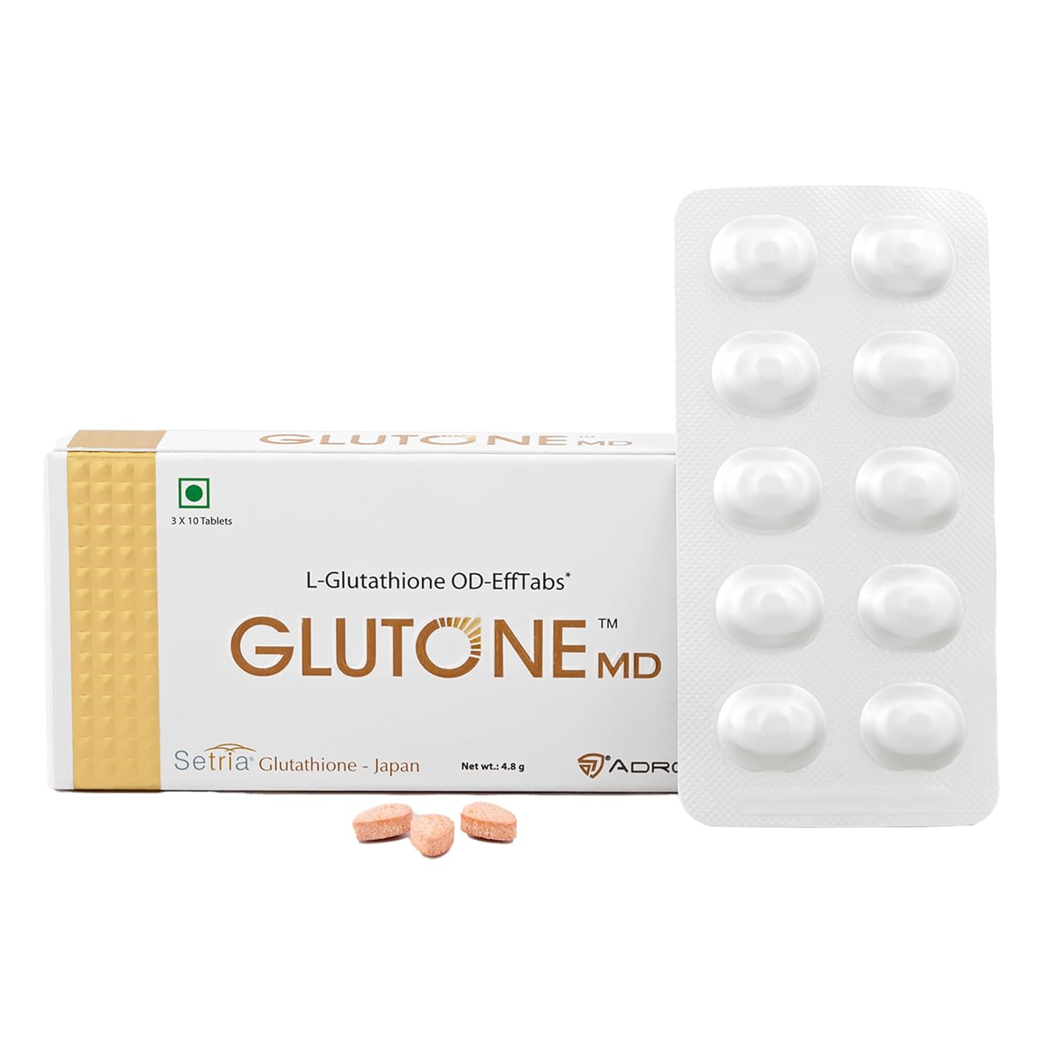 Glutone MD supplement packaging with tablets on a white background