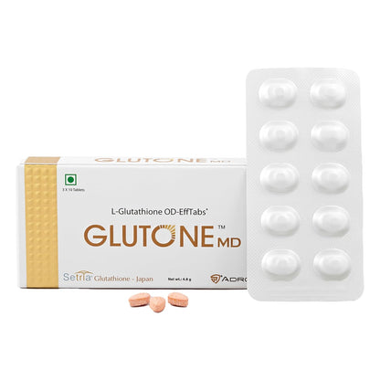 Glutone MD supplement packaging with tablets on a white background