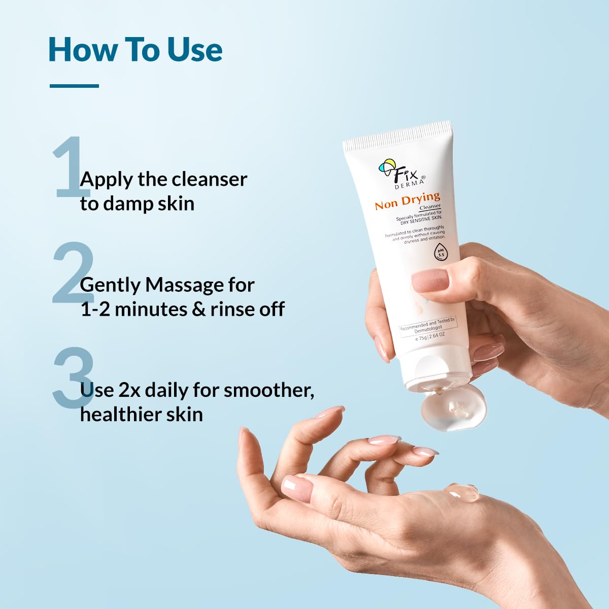 Fixderma Non Drying Cleanser, soap-free & pH Balanced cleanser, Pore-Refining, Dermatologist tested, Face Exfoliator, Non-comedogenic & Non-irritating skin cleanser - 75g