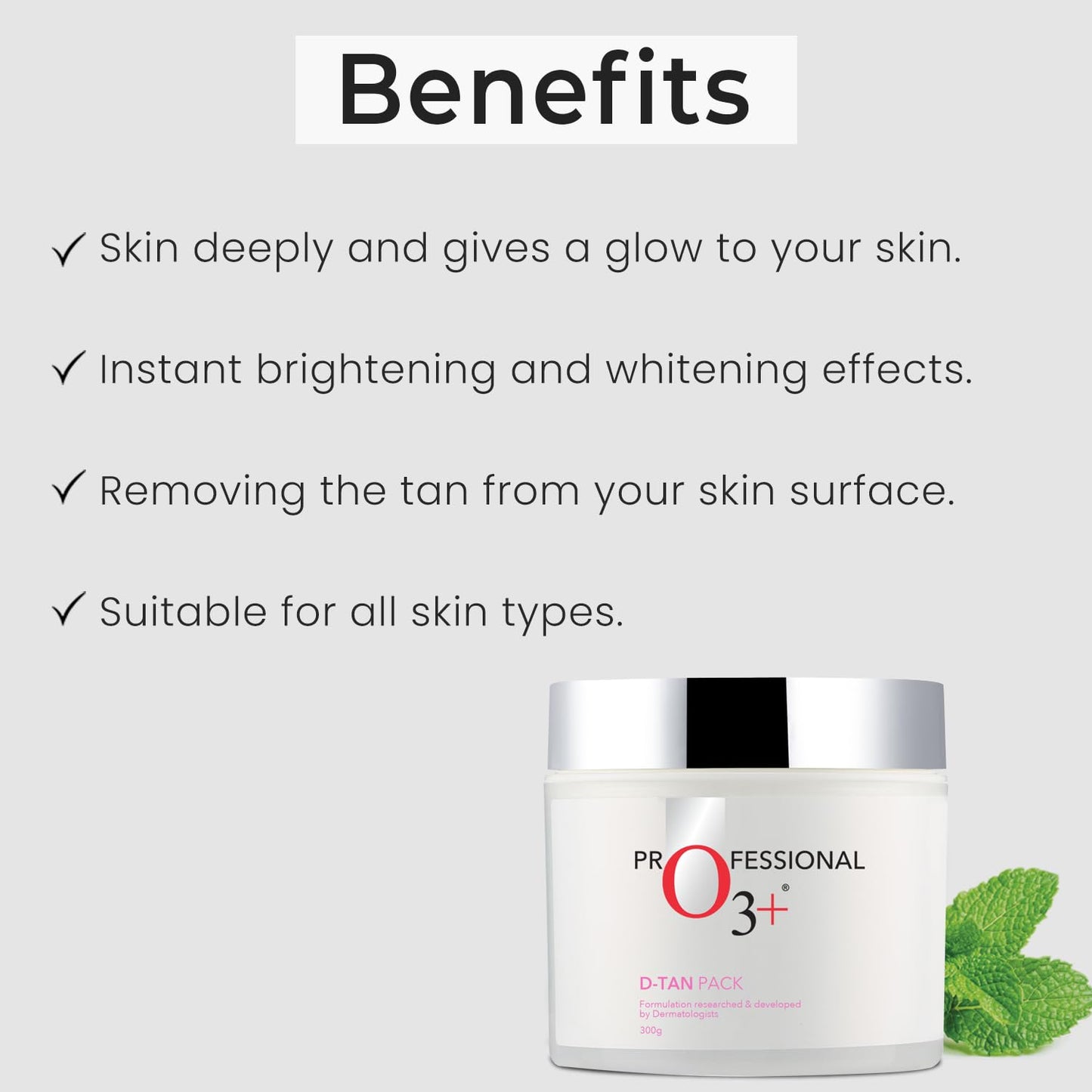 Jar of skin care product with benefits listed on a white background