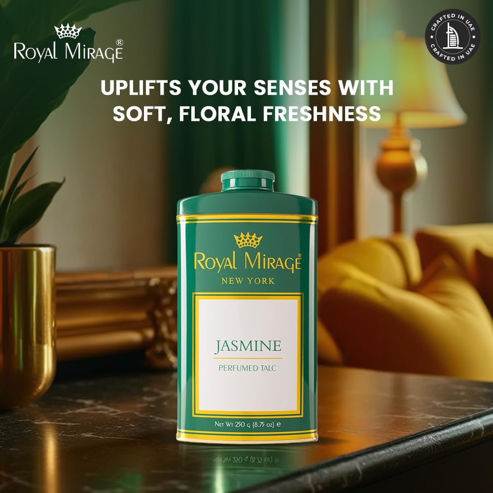 Royal Mirage Jasmine Deodorizing Talc for Women | Floral & Fresh Scent | Green Apple, Jasmine & Citrus Notes | Soft & Smooth Skin | Long-Lasting Fragrance | Talcum Powder for Women | 250gm