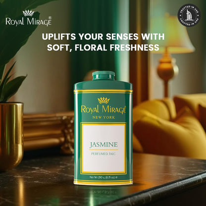 Royal Mirage Jasmine Deodorizing Talc for Women | Floral & Fresh Scent | Green Apple, Jasmine & Citrus Notes | Soft & Smooth Skin | Long-Lasting Fragrance | Talcum Powder for Women | 250gm