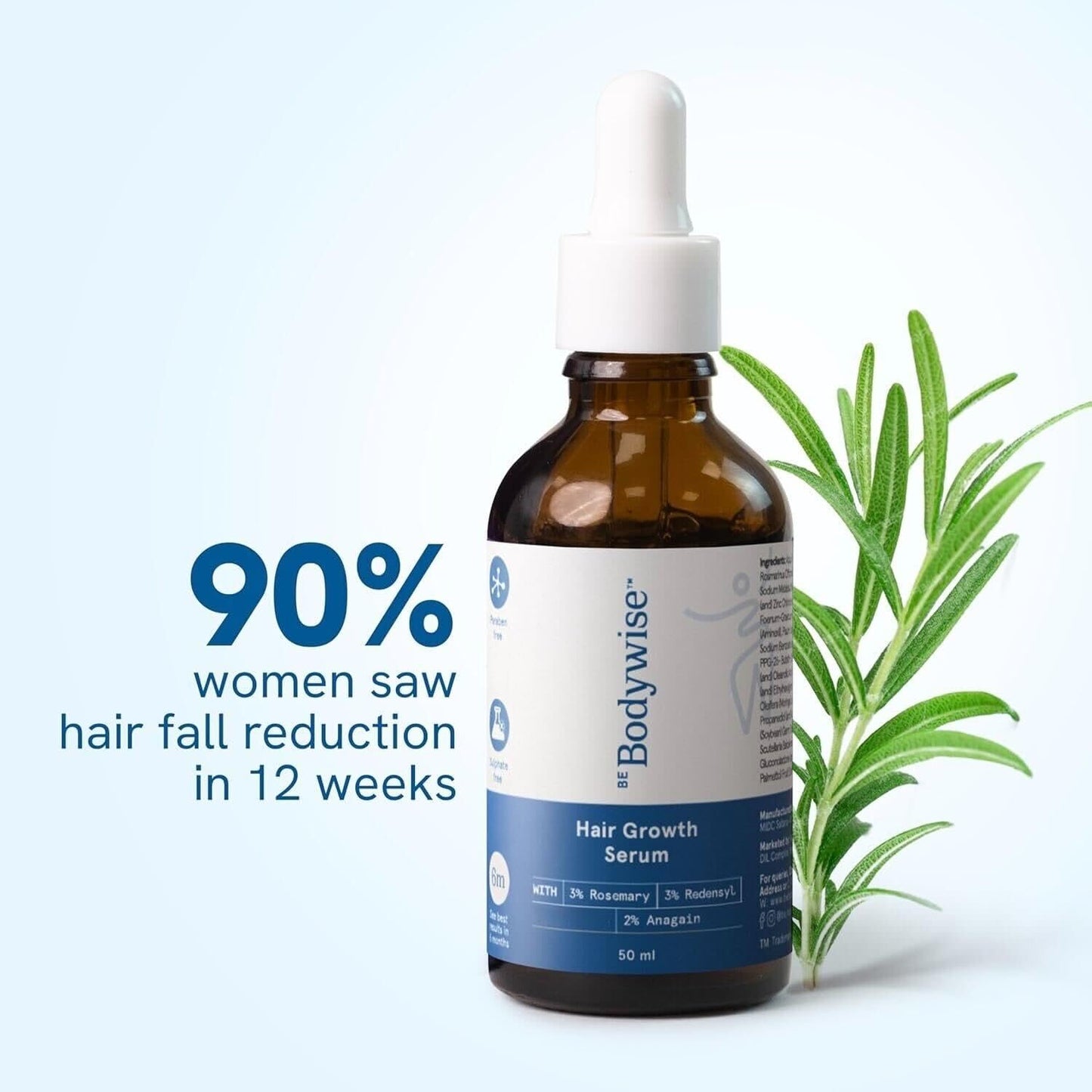 Be Bodywise Rosemary Hair Serum | With 3% Redensyl & 2% Anagain | For Thicker & Stronger Hair | Prevents Hair Fall & Stimulates Follicles | For All Hair Types | 50ml
