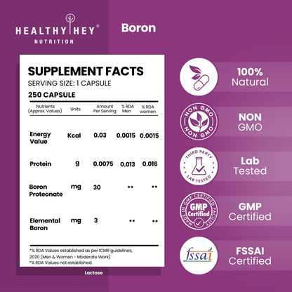 Supplement facts label for Boron capsules by Healthy Hey Nutrition on a purple background.