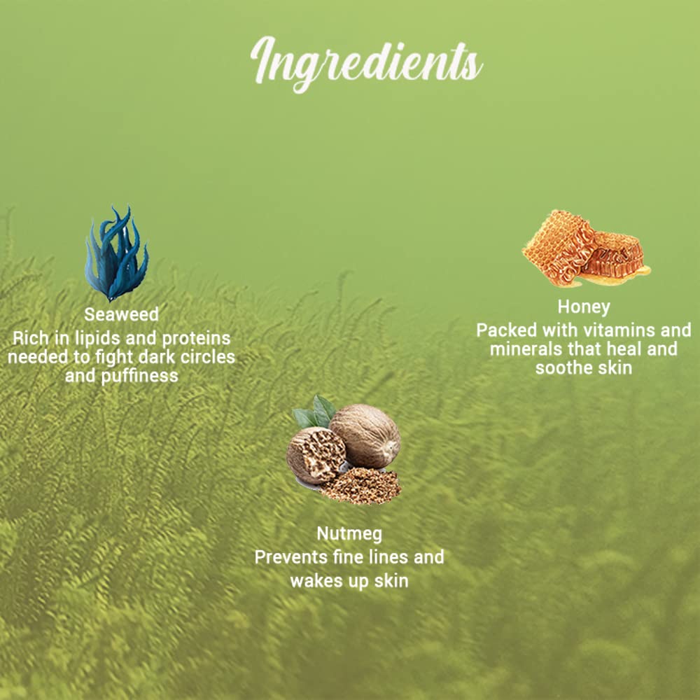 Ingredients list with seaweed, honey, and nutmeg on a green background