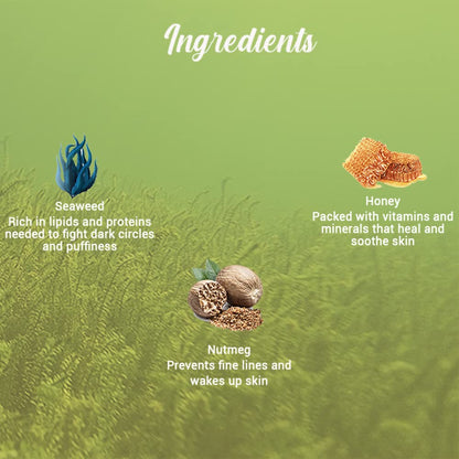 Ingredients list with seaweed, honey, and nutmeg on a green background