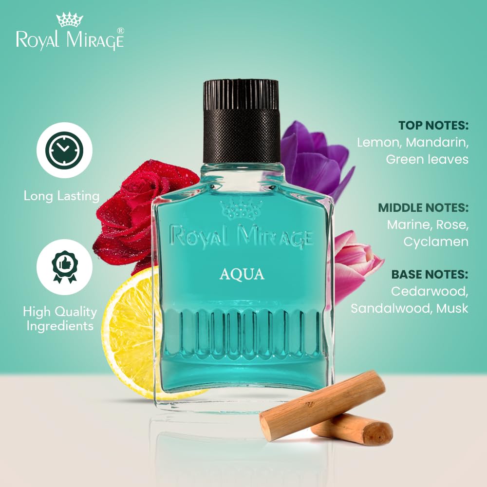Blue bottle of Royal Mirage Aqua with floral and lemon elements on a light green background