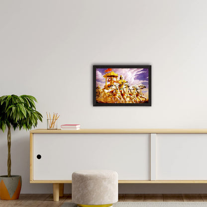 Shree Krishna Arjun On Rath Digital Printed Religious Wall Painting - Divine Artwork for Home, Temple, and Meditation Spaces for Krishna Devotees and Spiritual Seekers