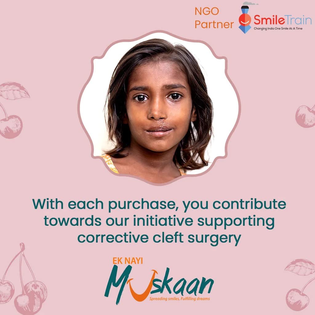 Young girl's face with promotional text for a cleft surgery support initiative on a pink background