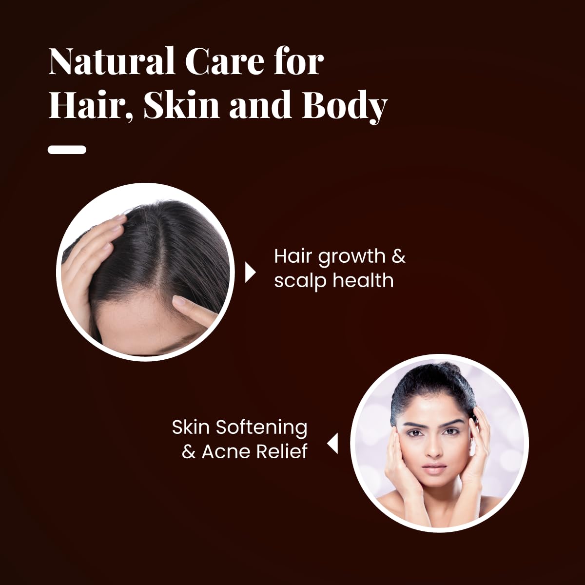 Advertisement for natural care products with images of hair, skin, and body on a dark background.