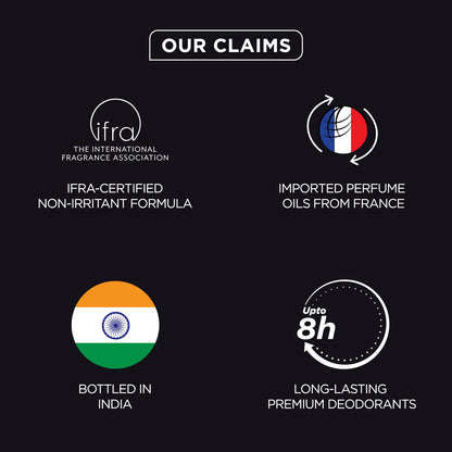List of product claims with logos and text on a black background