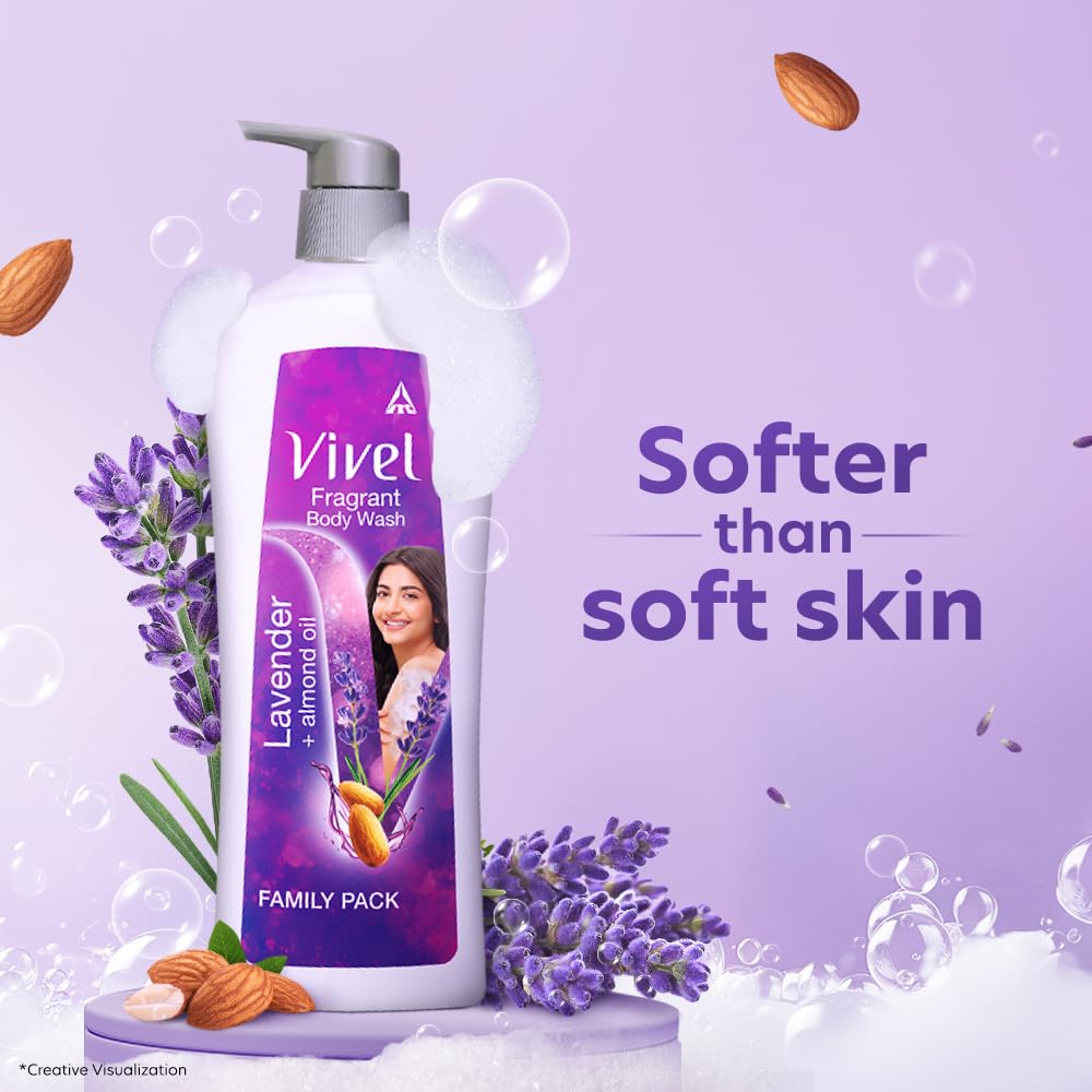 Vivel Fragrant Body Wash, Lavender & Almond Oil Shower Gel, 450 ml Pump Bottle, Moisturizing Bodywash For Soft & Smooth Skin, Effective Cleansing, For Women & Men