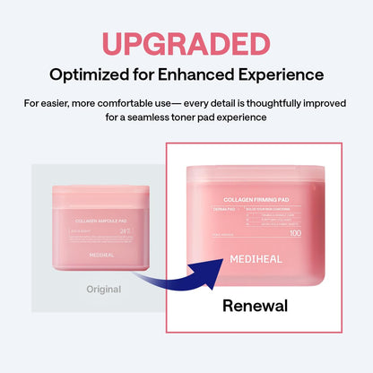 MEDIHEAL Collagen Toner Pads, Skin Firming Korean Facial Pads with 98% Low-Molecular Collagen, Peptides & Retinol, Helps Restore Skin Elasticity, Removes Wrinkles & Fine Lines, Hydrating Daily Toner, Vegan (100 Count, 170ml)