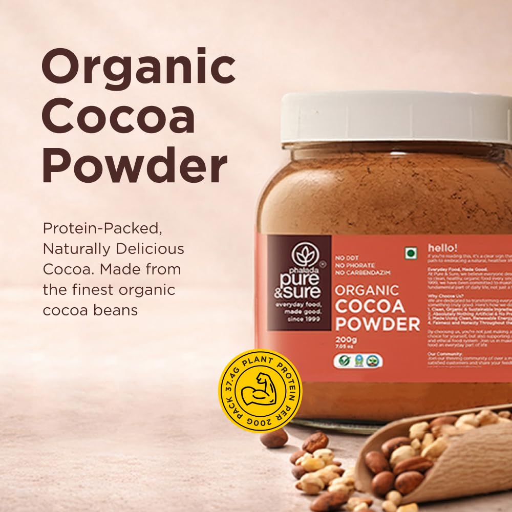Pure & Sure Organic Cocoa Powder 200G | 100% Pure & Natural with 18.7g Protein| Unsweetened & Dark Flavor | Ideal for Cake, Baking, Hot Chocolate, Milkshake & More