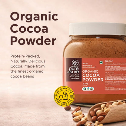 Pure & Sure Organic Cocoa Powder 200G | 100% Pure & Natural with 18.7g Protein| Unsweetened & Dark Flavor | Ideal for Cake, Baking, Hot Chocolate, Milkshake & More
