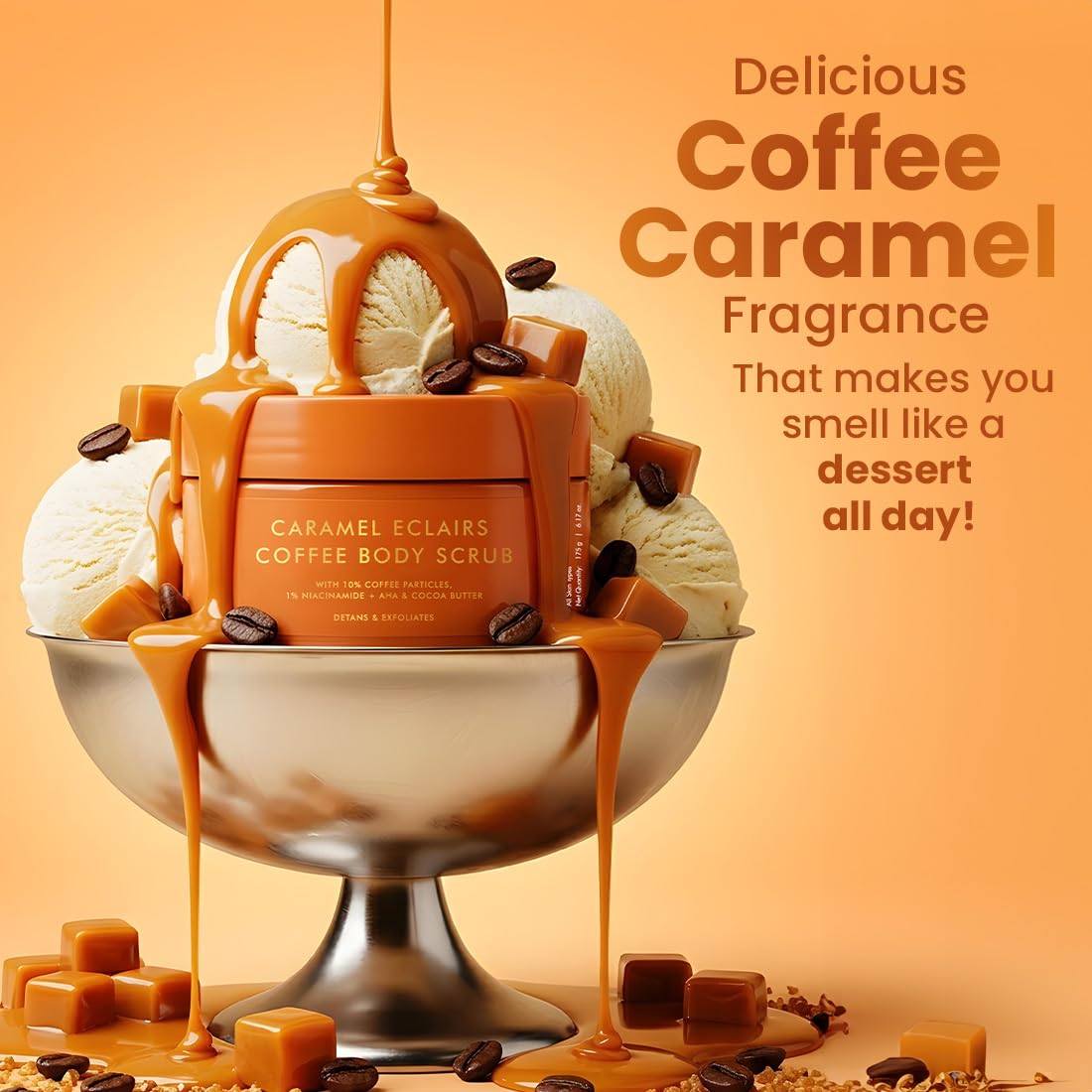 Caramel-themed body scrub with ice cream and coffee beans on an orange background