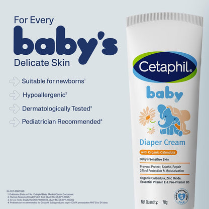 Cetaphil Baby Diaper Rash Cream with Organic Calendula 70 g | Soothes, Repairs & Protects from First Use | Zinc Oxide Barrier, Chamomile & Shea Butter | For Sensitive Baby Skin