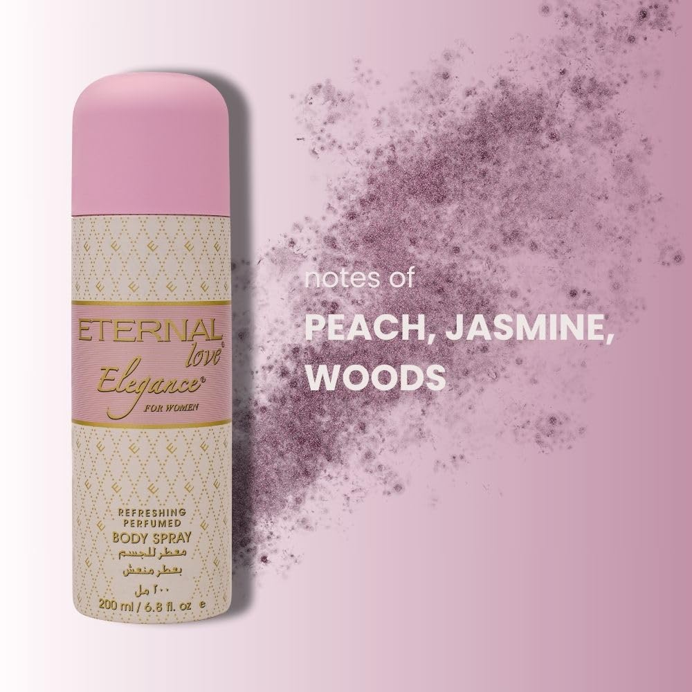 Body spray bottle with pink and gold design on a light purple background