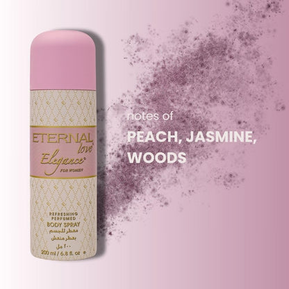 Body spray bottle with pink and gold design on a light purple background