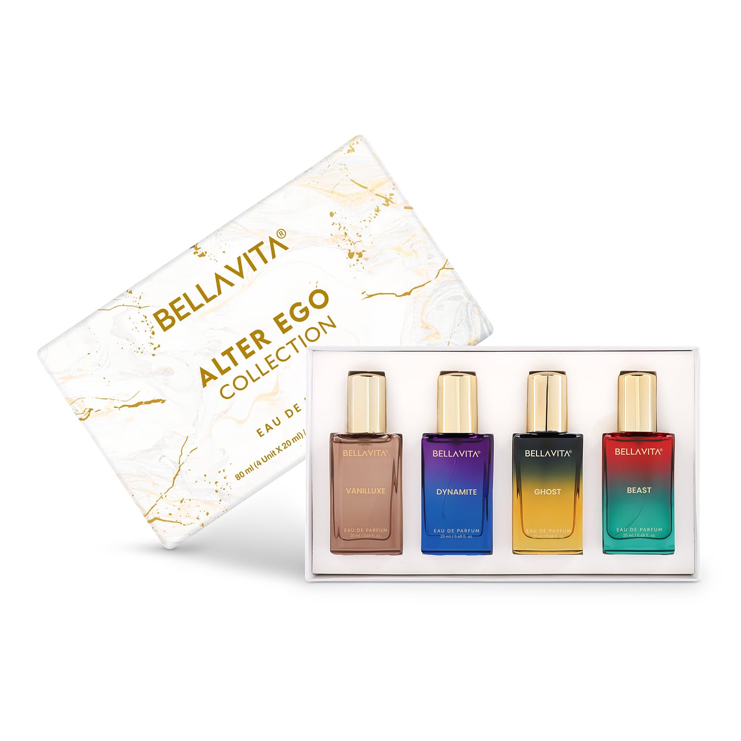 Set of four BellaVita perfume bottles in a box with a decorative card.