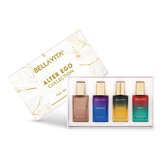 Set of four BellaVita perfume bottles in a box with a decorative card.
