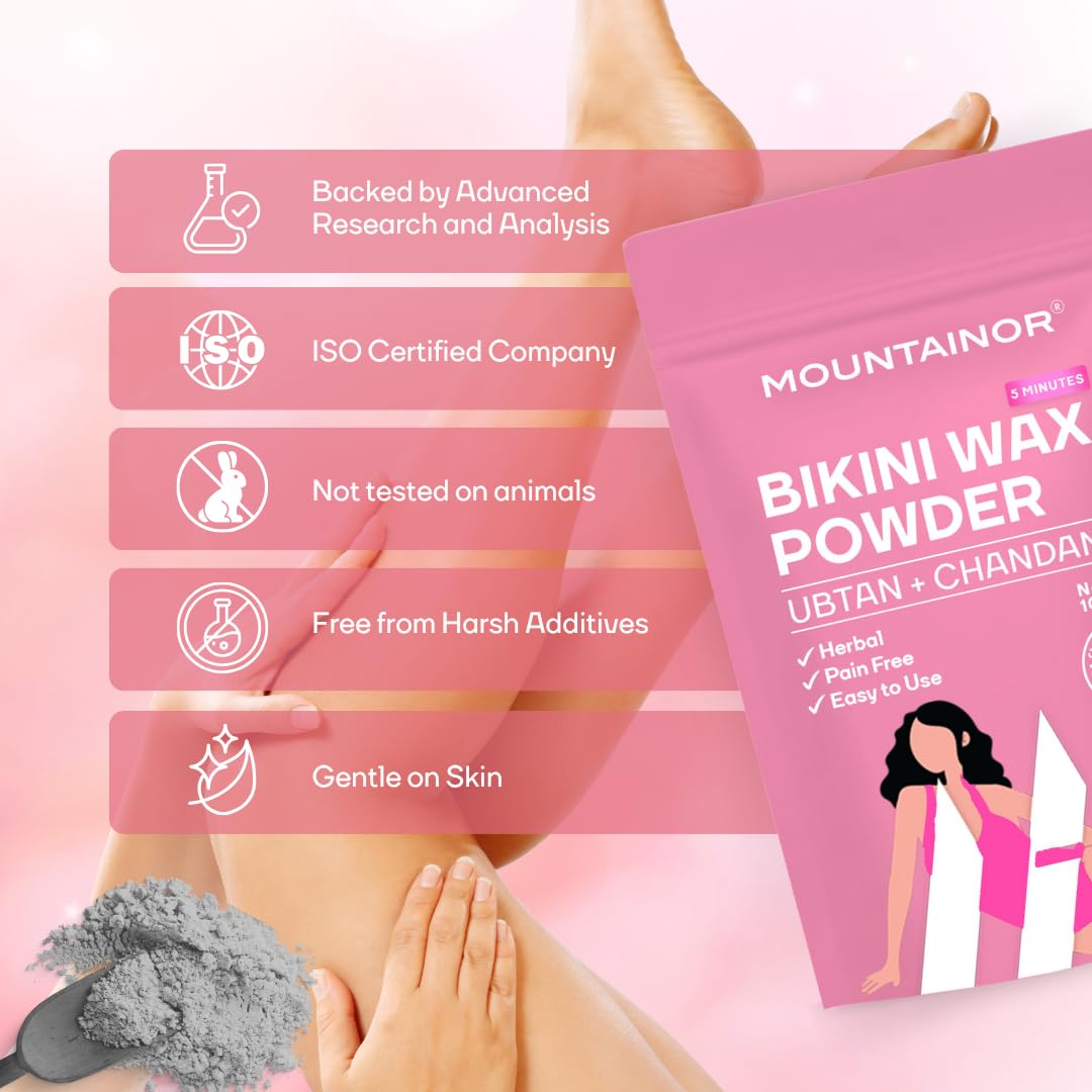 Mountainor bikini wax powder packaging with product features on a pink background
