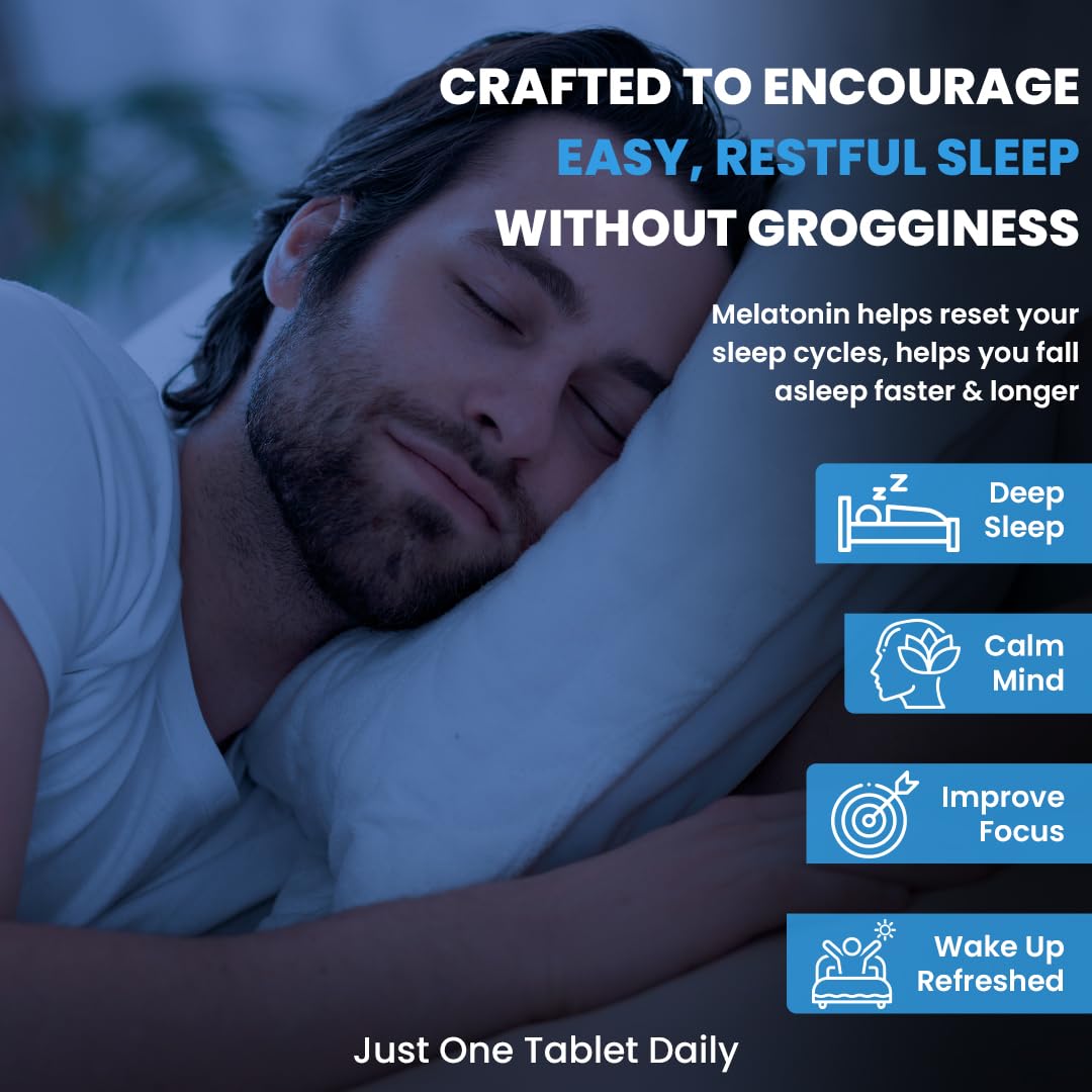 Man sleeping with text about melatonin's benefits for sleep quality.