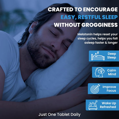Man sleeping with text about melatonin's benefits for sleep quality.