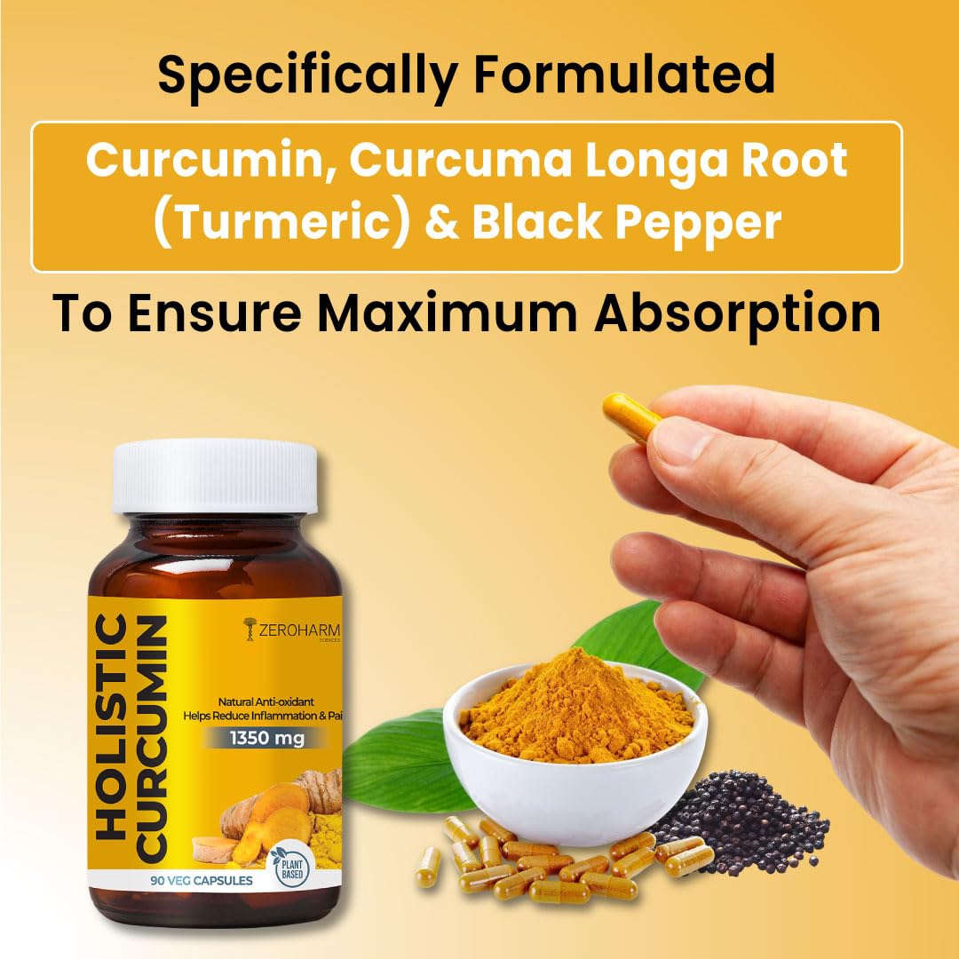 ZEROHARM Holistic Curcumin Capsules 1350mg | 95% Curcuminoids with Piperine & Black Pepper | High Absorption Turmeric Curcumin Supplement for Joint, Immunity & Inflammation Support | 90 Capsules