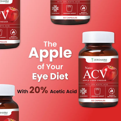 ZEROHARM Nano Apple Cider Vinegar (ACV) 500mg with 20% Acetic Acid | Supports Metabolism, Cravings & Appetite Control | Aids Gut Health, Digestion & Weight Management | Men & Women | 60 Capsules