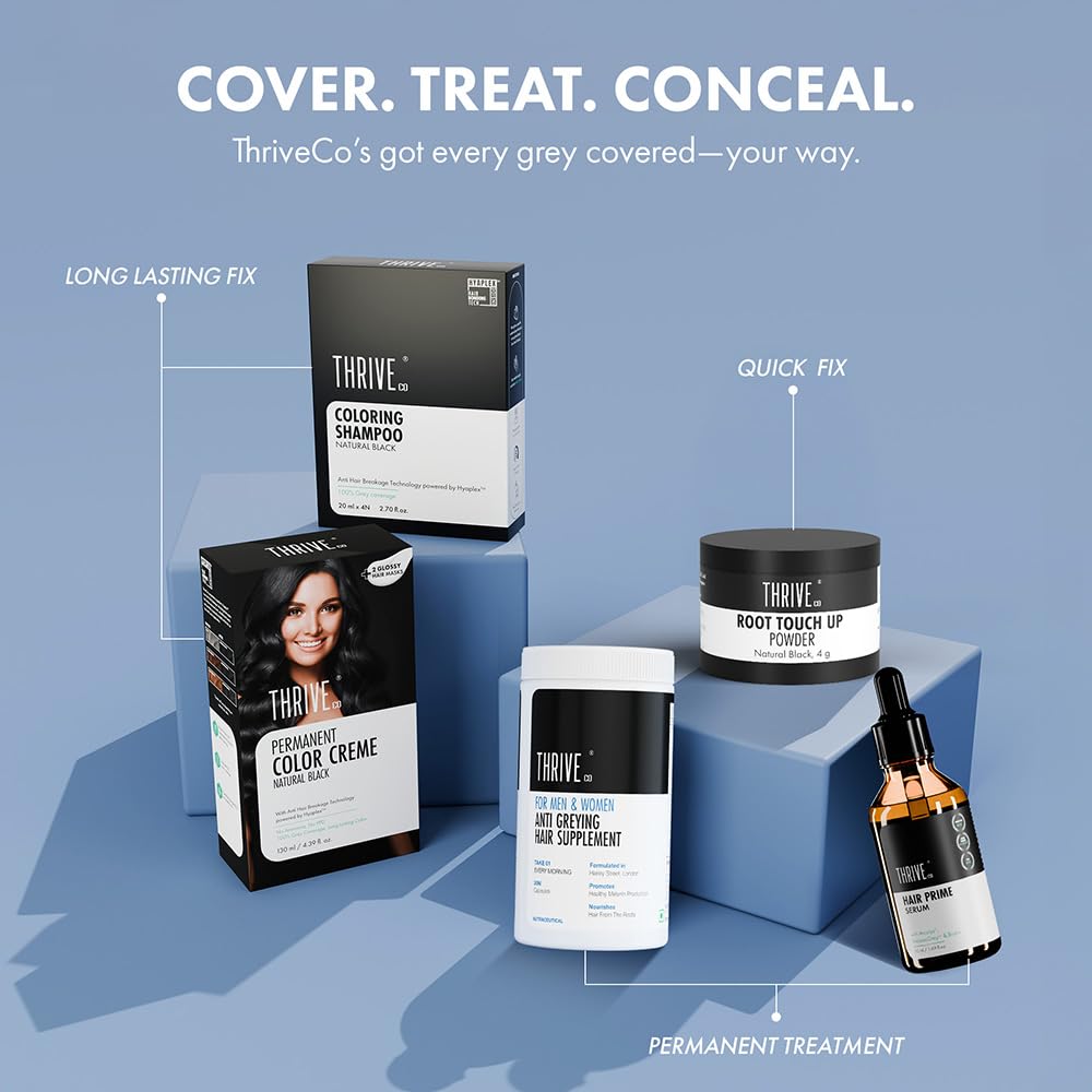 ThriveCo hair care products on a blue background with text 'Cover. Treat. Conceal.'
