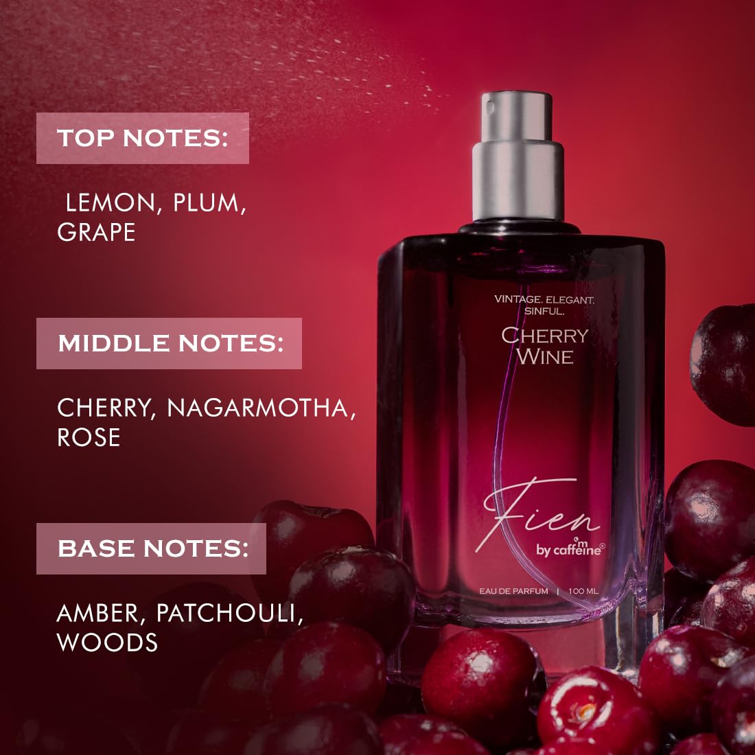 Perfume bottle labeled 'Fien' by Caffeine with fruit elements on a red background