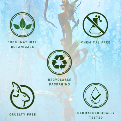 Set of green icons with text on a light blue background