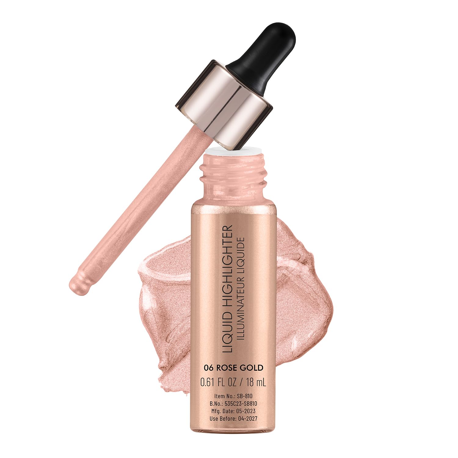 Liquid highlighter with applicator and pink swatch on a white background