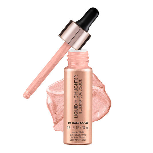 Liquid highlighter with applicator and pink swatch on a white background