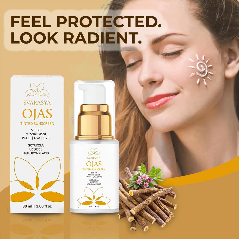 Svarasya Ojas Sunscreen SPF 30 PA+++ | Mineral Based Tinted Sunscreen | Protection Against UVA/UVB rays | Lightweight & No White Cast | For All Skin Types | Sun Cream for Men & Women
