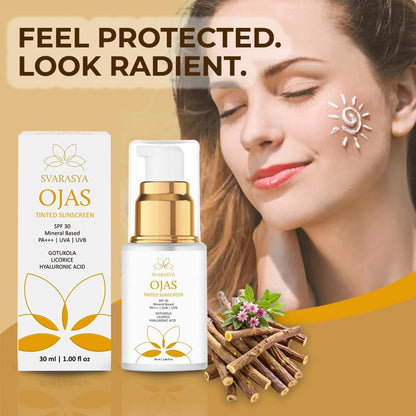 Svarasya Ojas Sunscreen SPF 30 PA+++ | Mineral Based Tinted Sunscreen | Protection Against UVA/UVB rays | Lightweight & No White Cast | For All Skin Types | Sun Cream for Men & Women